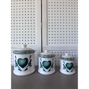Corelle Canister Set 3pc Green Hearts Sponge Ceramic Farmhouse Cottagecore